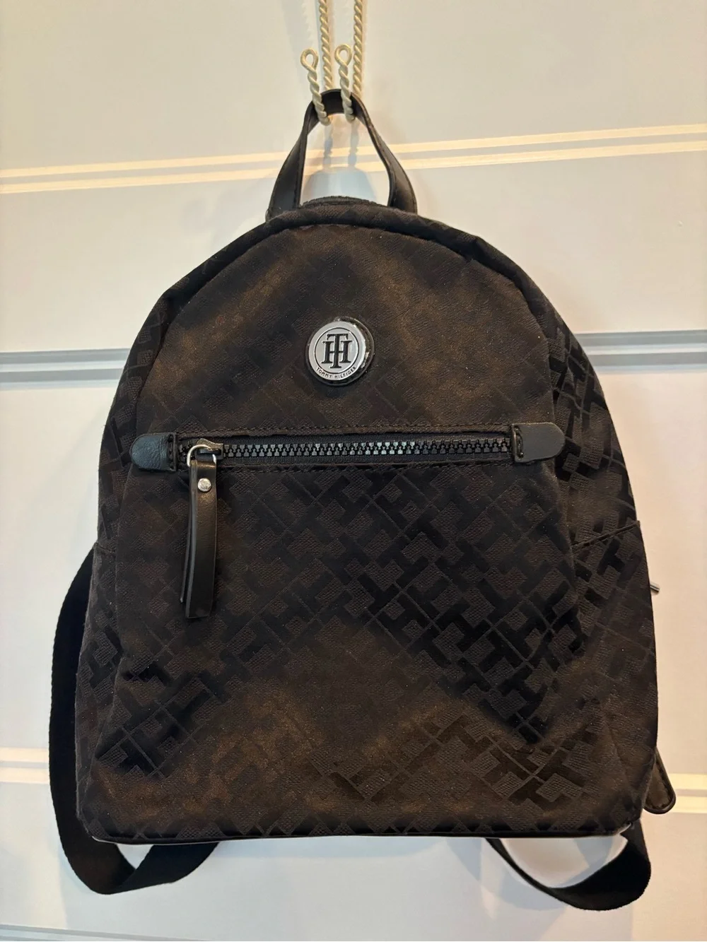 Tommy Hilfiger Black Monogram Mini Backpack with Front Zip